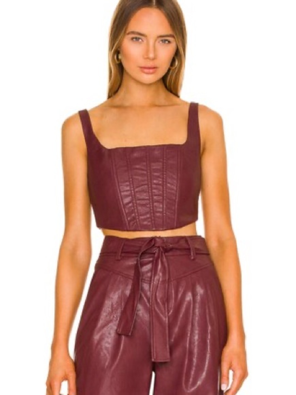 Lovers + Friends Burgundy Faux Leather Corset Crop Top